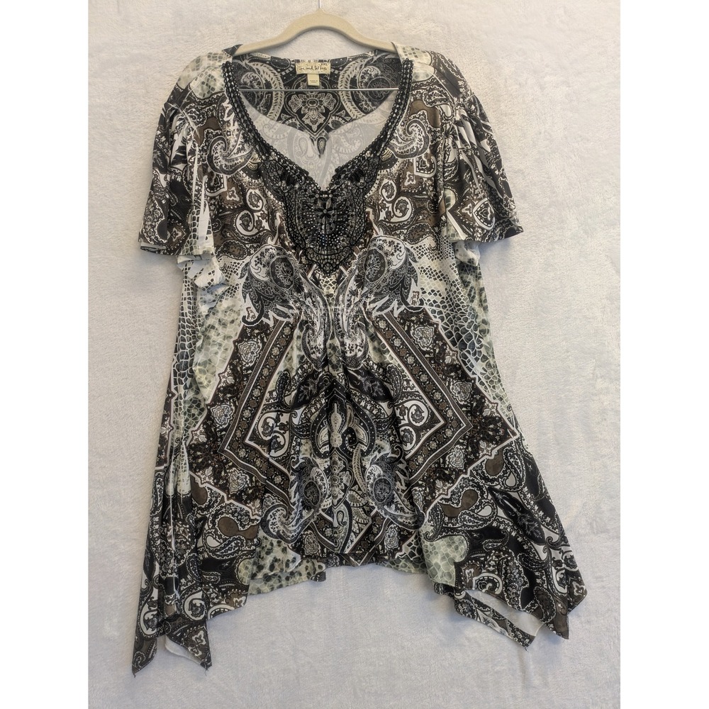 Live and Let‎ Live Women's Print Embellished Asymmetrical Tunic Top XXL